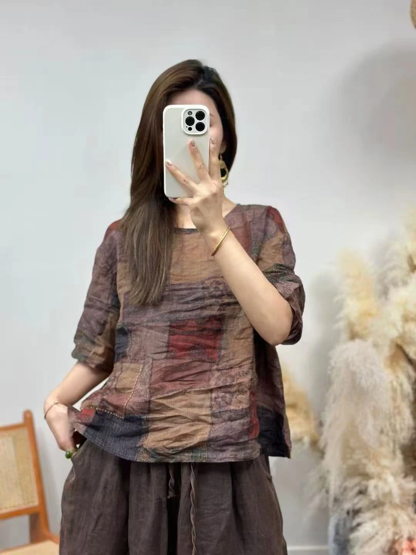 爱麻 夏季苎麻印花圆领盘扣休闲小衫【衣长60 胸围120】