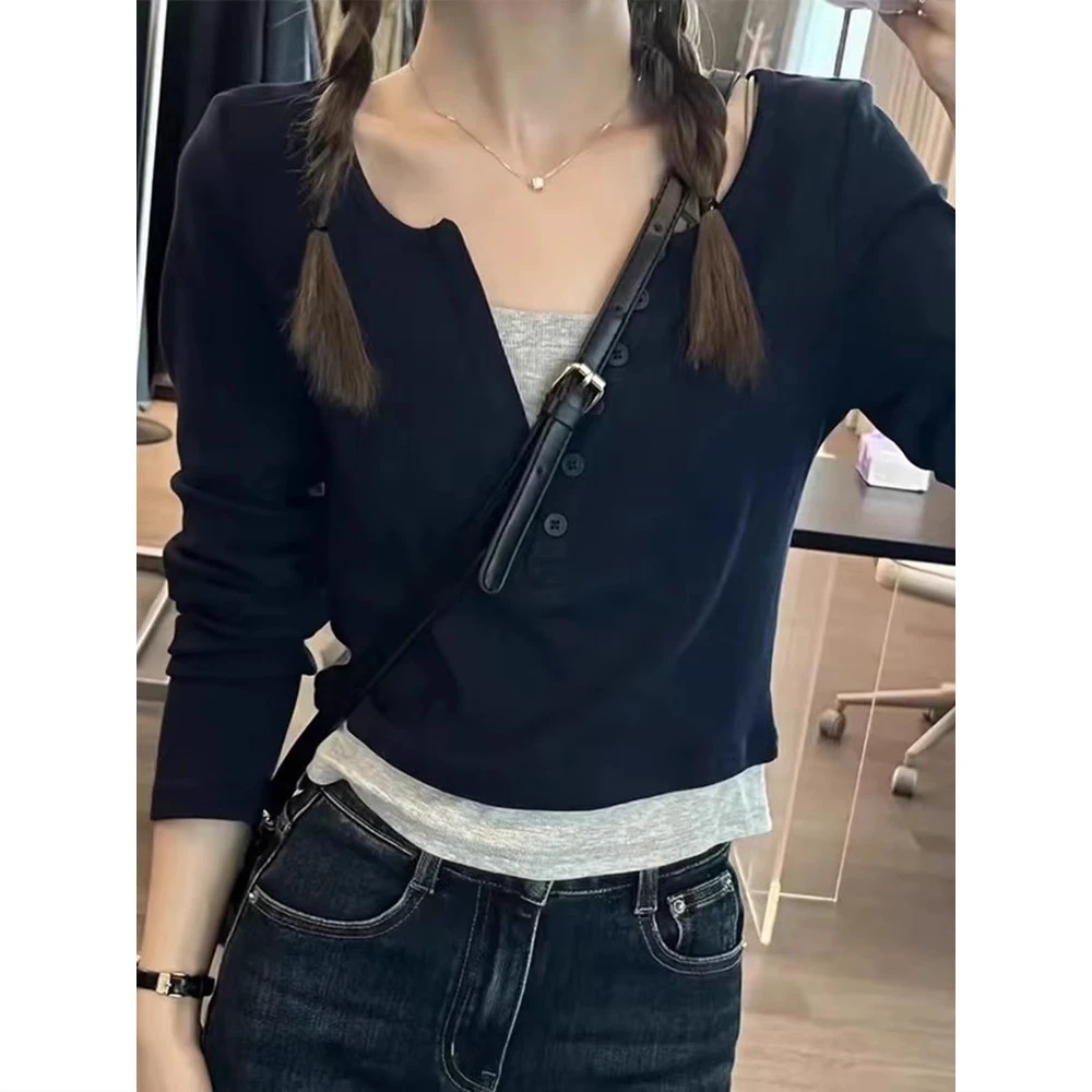 撞色v领假两件打底衫女春秋季辣妹修身长袖t恤设计感小众短款上衣