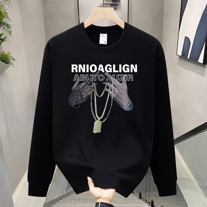 重磅纯棉潮牌美式长袖痞帅字母印花男款秋季圆领宽松百搭打底T恤