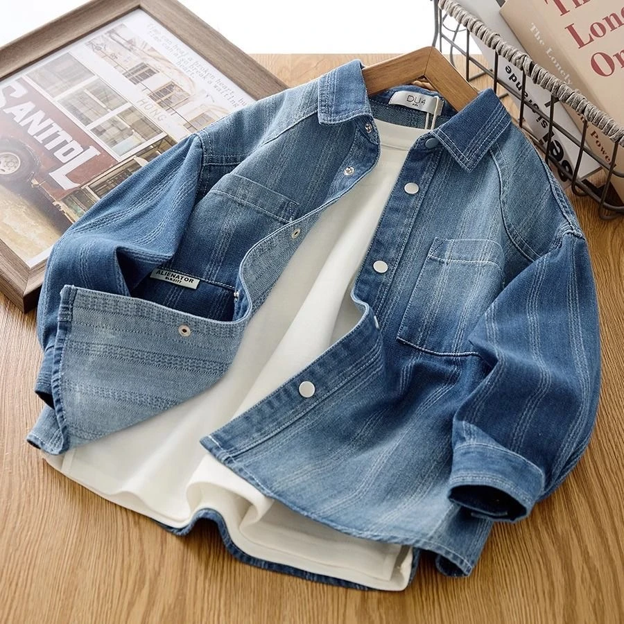 男童牛仔衬衫春秋装2025新款儿童衬衣中大童男孩渐变色休闲薄外套