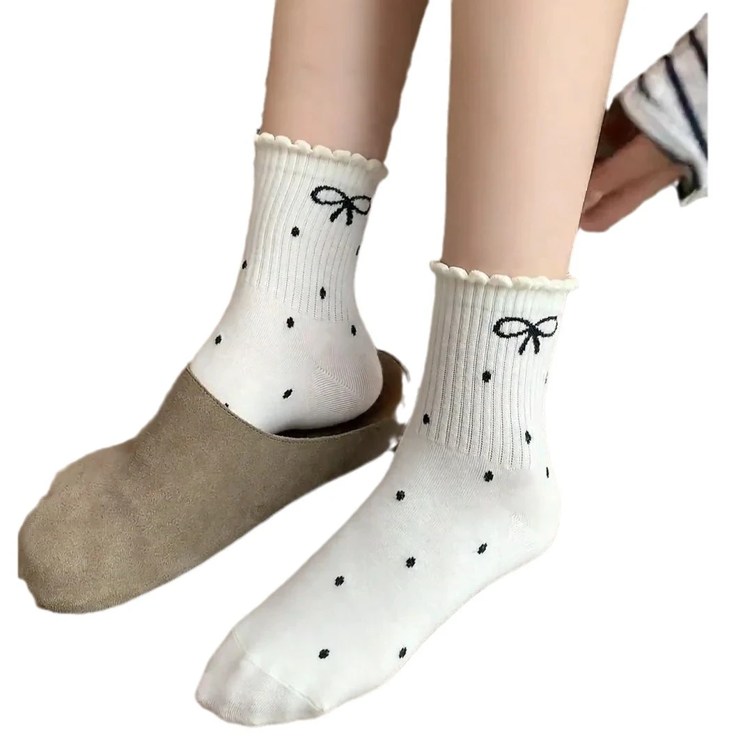 108袜子女中筒袜秋冬款棉袜蝴蝶结波点日系中筒袜