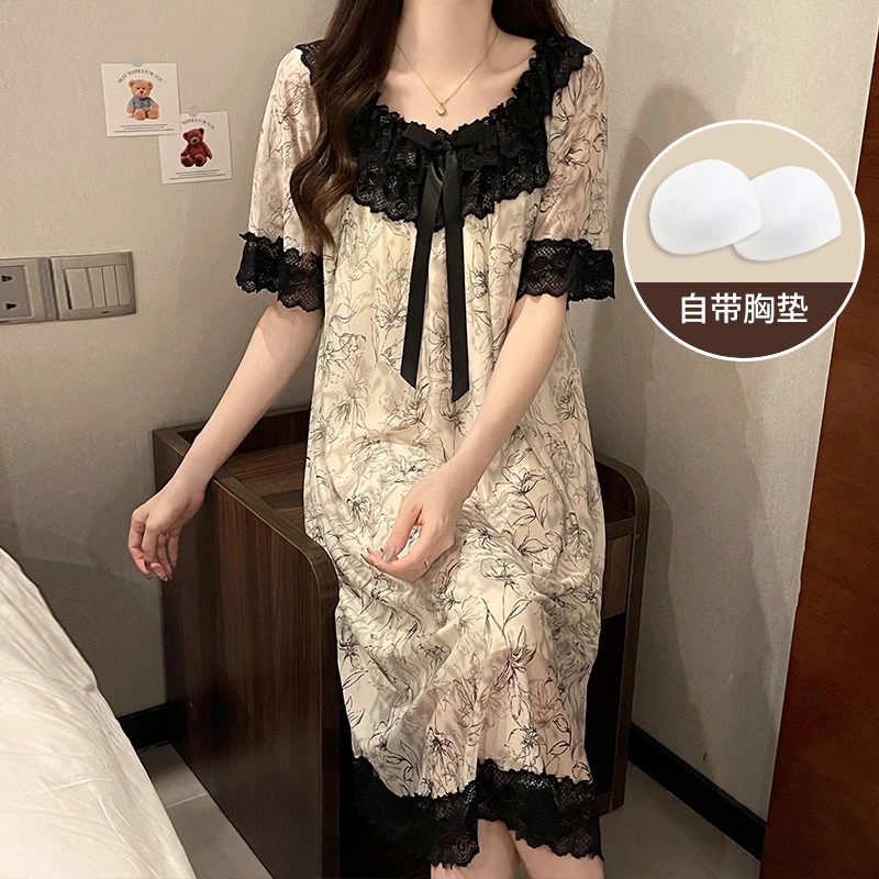 短袖睡衣女夏季蕾丝宫廷公主风家居服性感带胸垫新款大码网红夏天