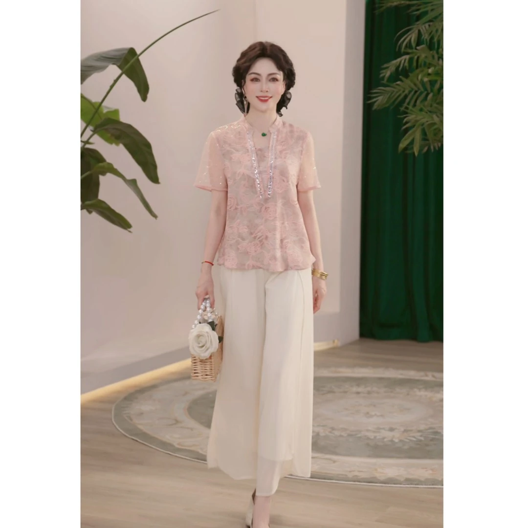 2025新款夏季妈妈装薄款时尚套装气质衬衣女装洋气减龄T恤两件套