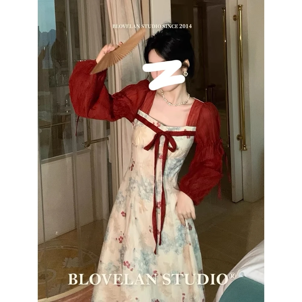 法式茶歇桔梗新款复古新中式女装连衣裙女方领显瘦改良裙子8043
