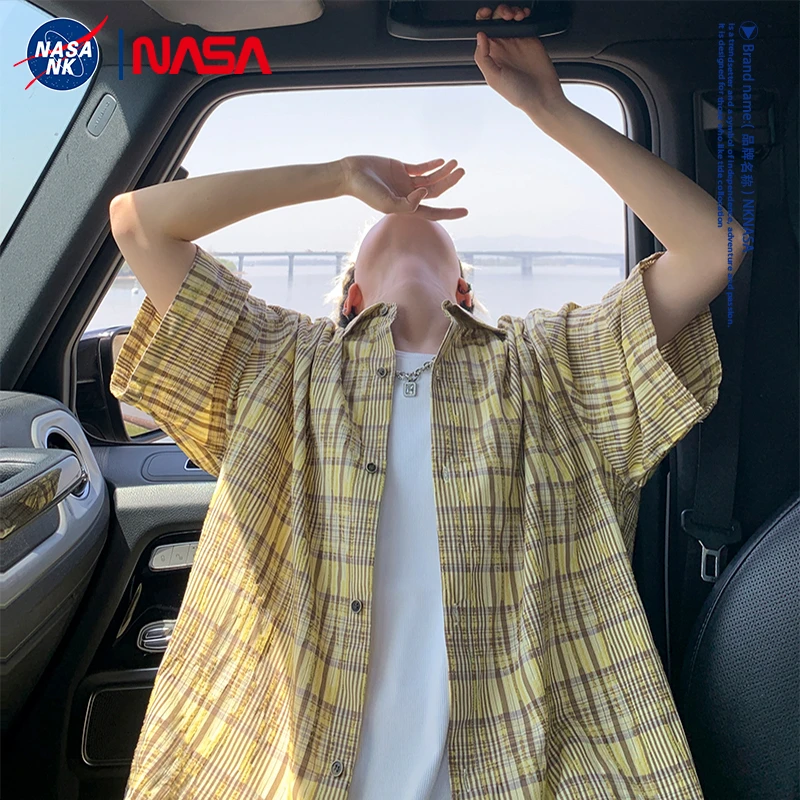 NASA联名夏季薄款格子短袖男士衬衫帅气港风学生潮流设计感衬衣服