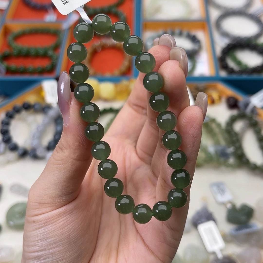和田玉未镶嵌手链w24冰湖水绿8mm猫眼