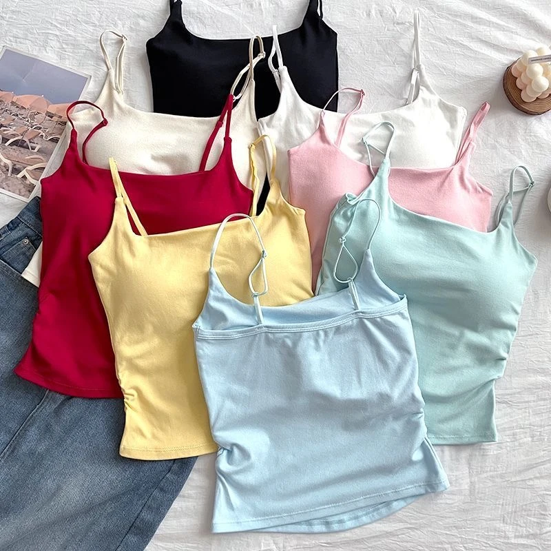 吊带背心女带固定胸垫外穿内衣舒适弹力褶皱显瘦修身甜美美背Z