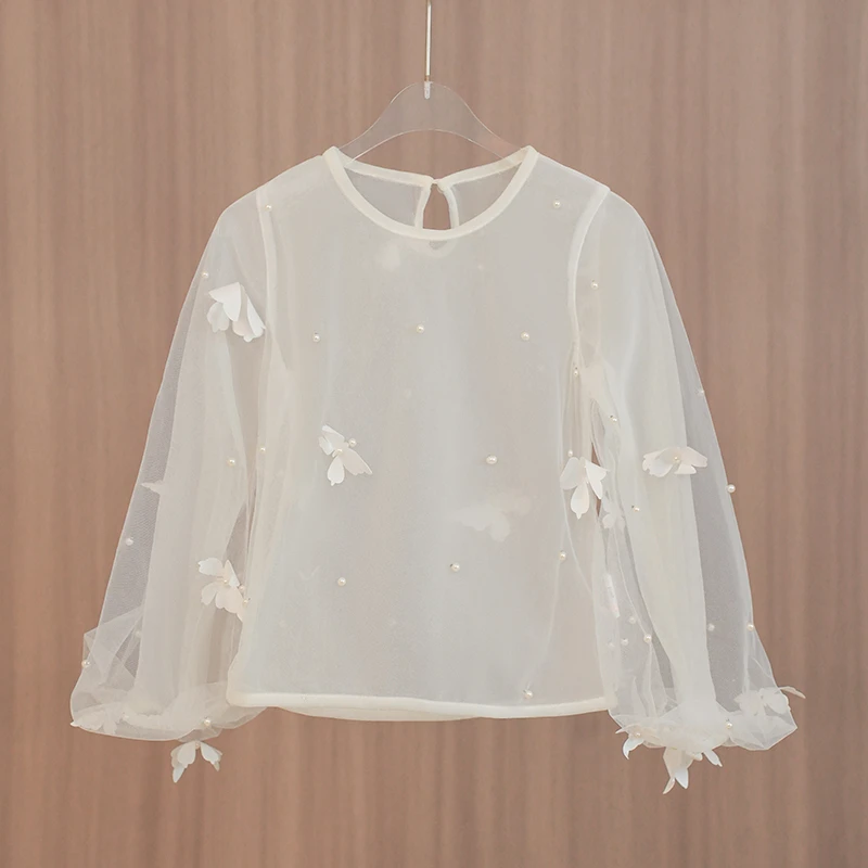 女童礼服轻薄蝉翼蕾丝婚纱打底衫洋气内搭镂空长袖舞台法式演出服