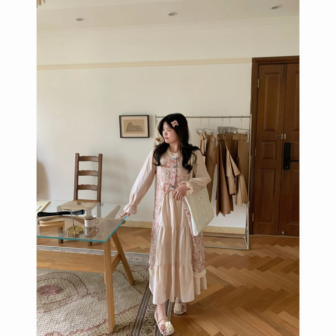 【落花为信】大头婷微胖定制秋季套装圆领长袖连衣裙碎花网格罩衫