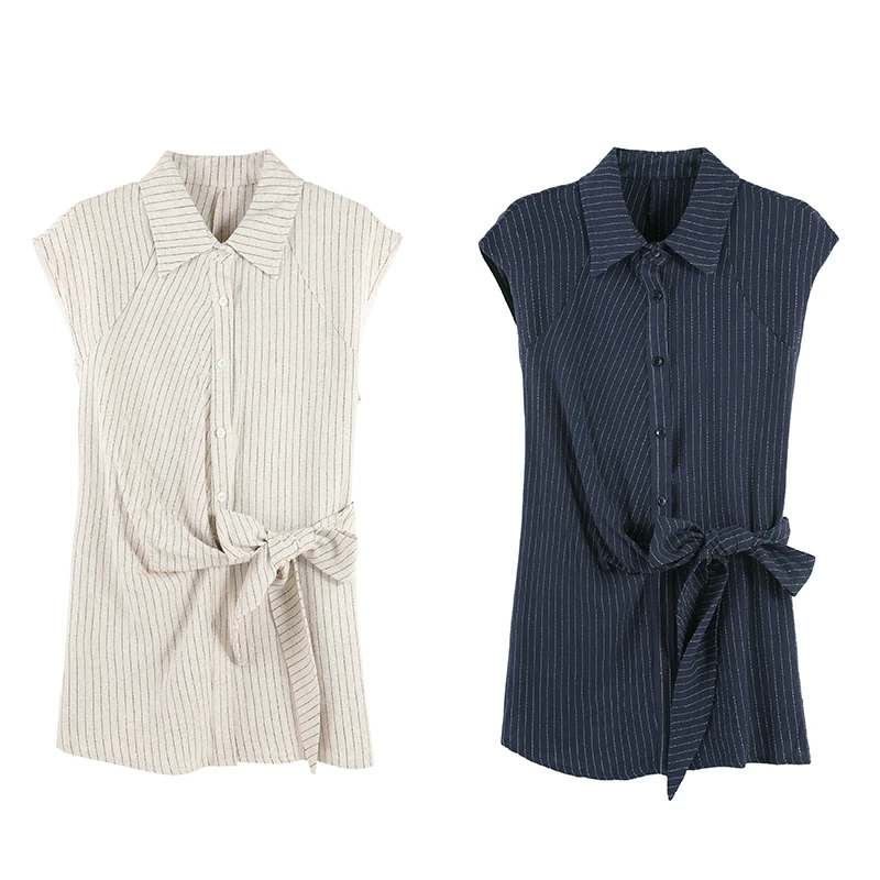 【思思】竖条纹显瘦中长款无袖衬衫清新自然SHBZXW917862