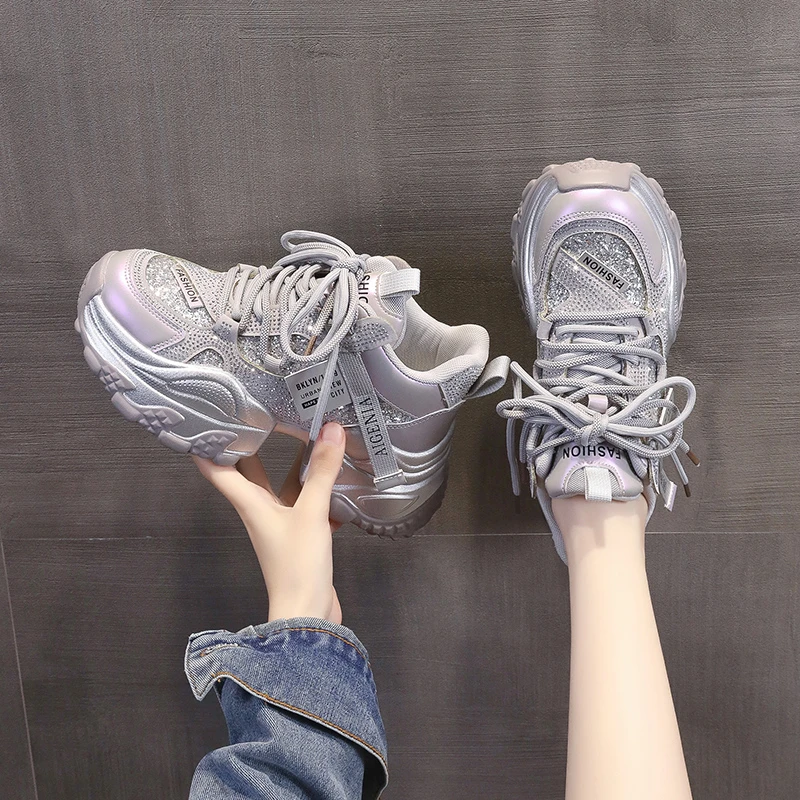 【2-低帮】网红时尚亮钻爆款加绒老爹鞋女秋冬厚底百搭休闲运动鞋子