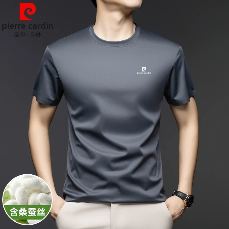 皮尔卡丹桑蚕丝短袖T恤男夏季透气凉感上衣半袖透气时尚休闲t恤