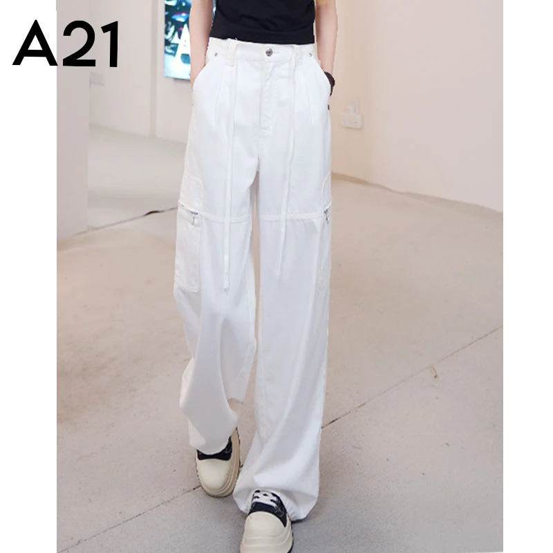 A21 工装裤夏季阔腿休闲裤春夏中腰白色直筒牛仔长裤子F453226026