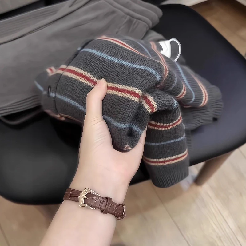 韩系慵懒风灰色条纹软糯针织开衫女2025秋冬新款外穿内搭长袖上衣