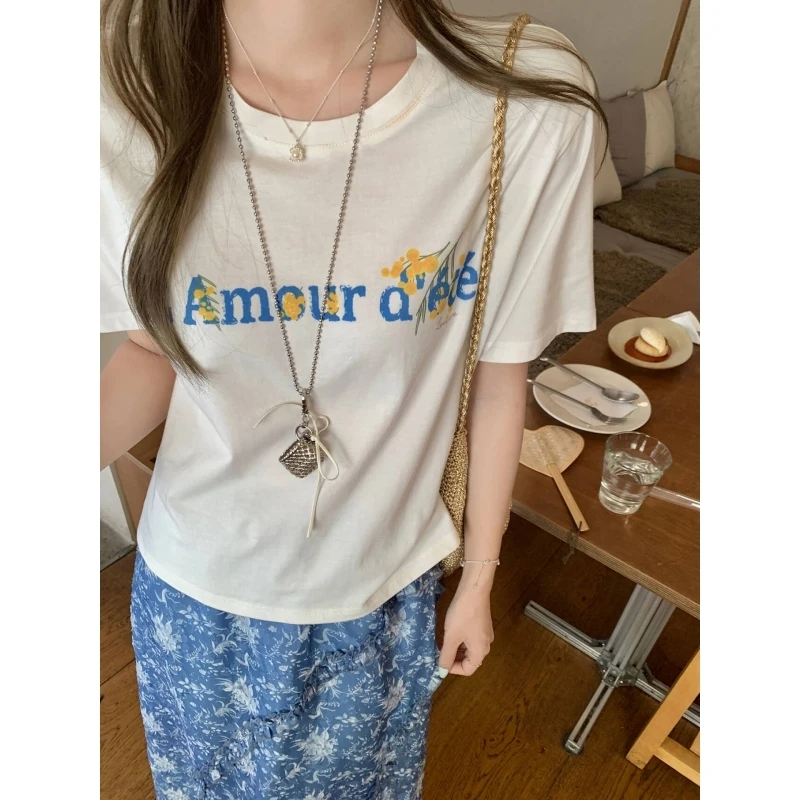 【夏季收官】乌77韩系白色字母印花圆领T恤女休闲百搭宽松显瘦