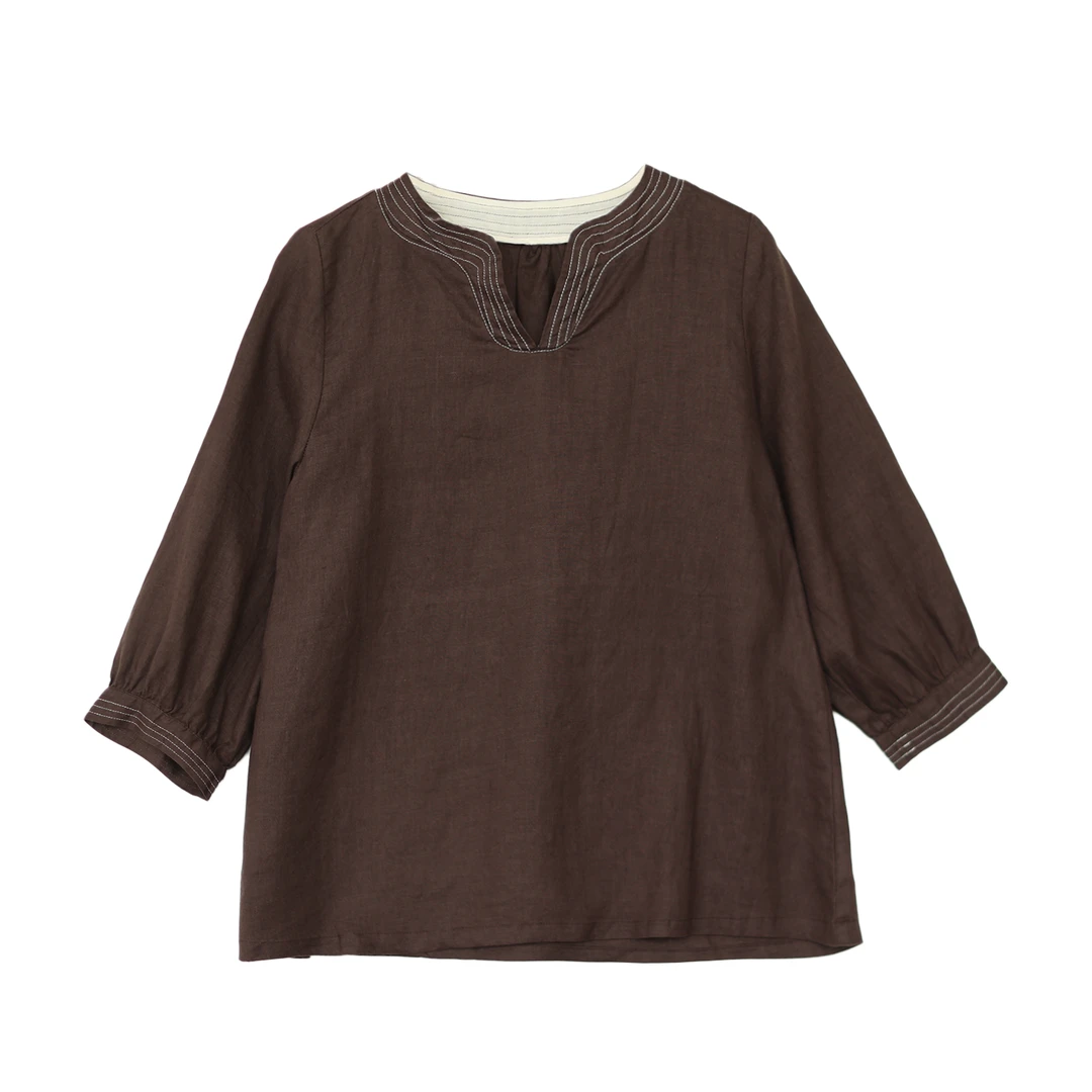 【VOG原创】衣长64 汉麻打底七分袖V领拼接上衣T恤女C382