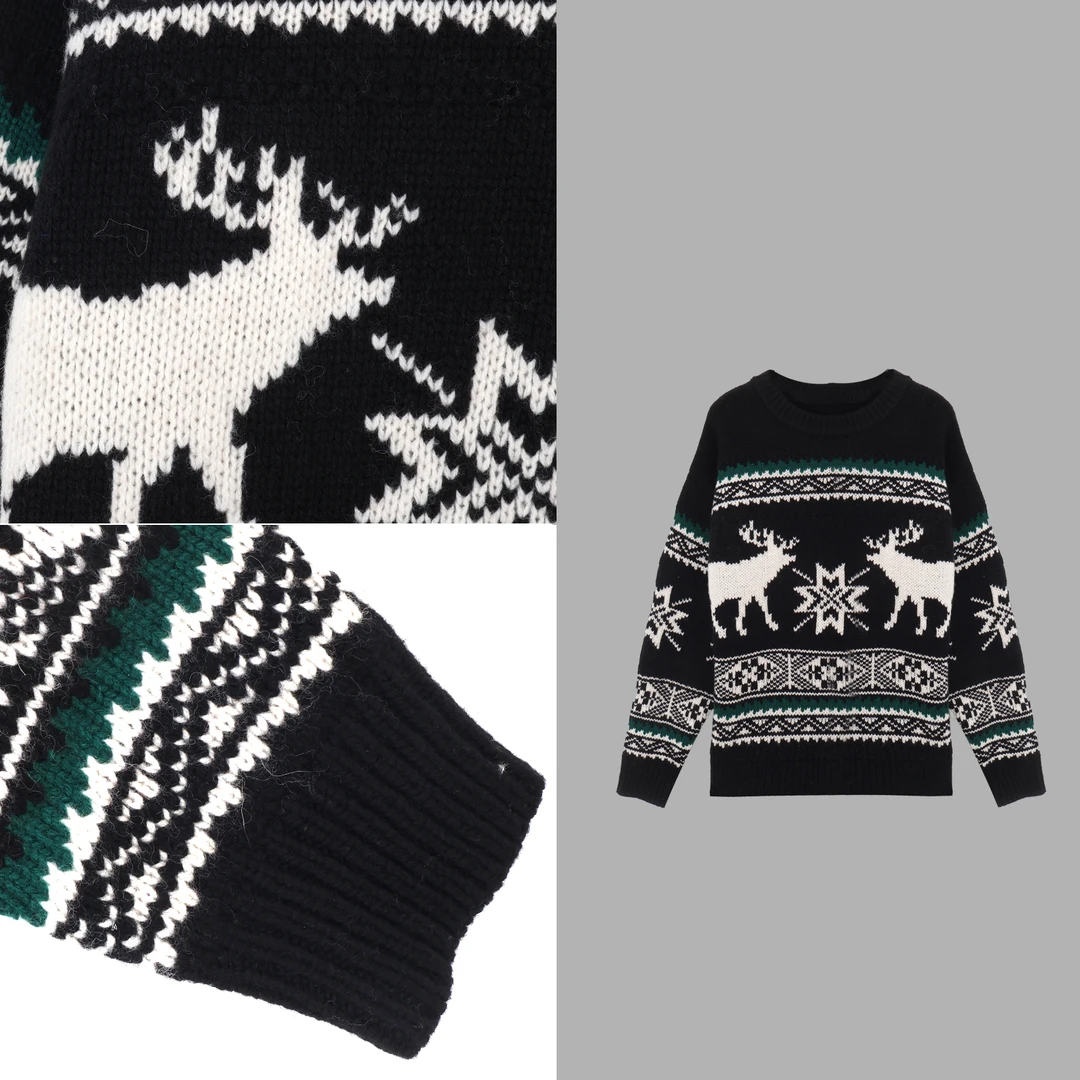 MardiMenzheLi#麋鹿氛围感复古提花女套头针织衫3864