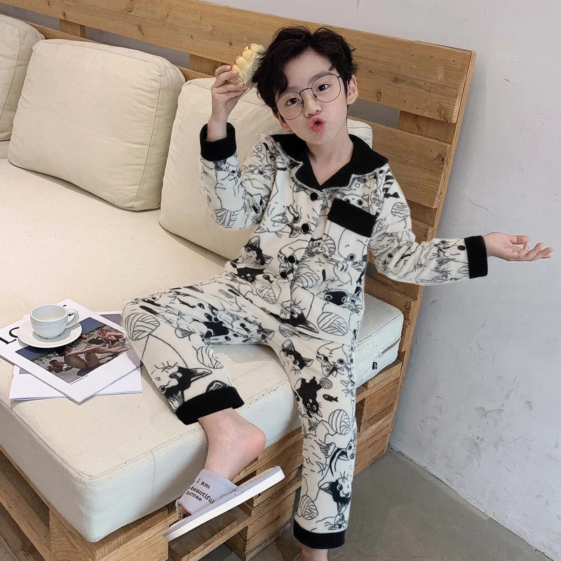 儿童珊瑚绒睡衣秋冬保暖开衫翻领长袖卡通猫咪亲子家居服套装