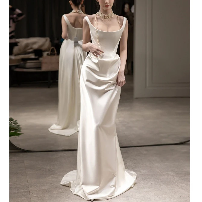 演出晚礼服吊带领文艺复兴风立体裁剪婚纱蓬蓬裙气质白色性感复古