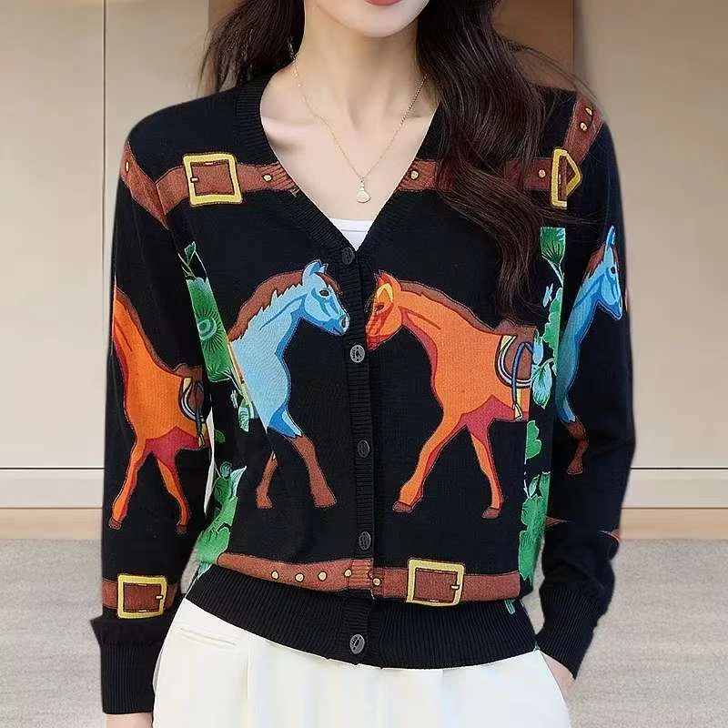 2025热卖爆款薄款开衫女V领针织外搭宽松遮肉长袖印花上衣