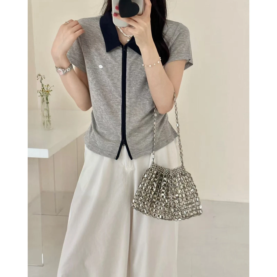 玳妮【拉链POIO】夏季翻领撞色条纹短袖小衫字母圆标轻薄款弹力上衣