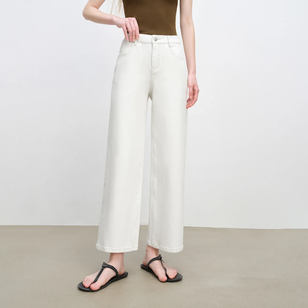 自巧小个子女装高弹九分白色牛仔裤直筒裤高腰显瘦裤子 25ZQ92352