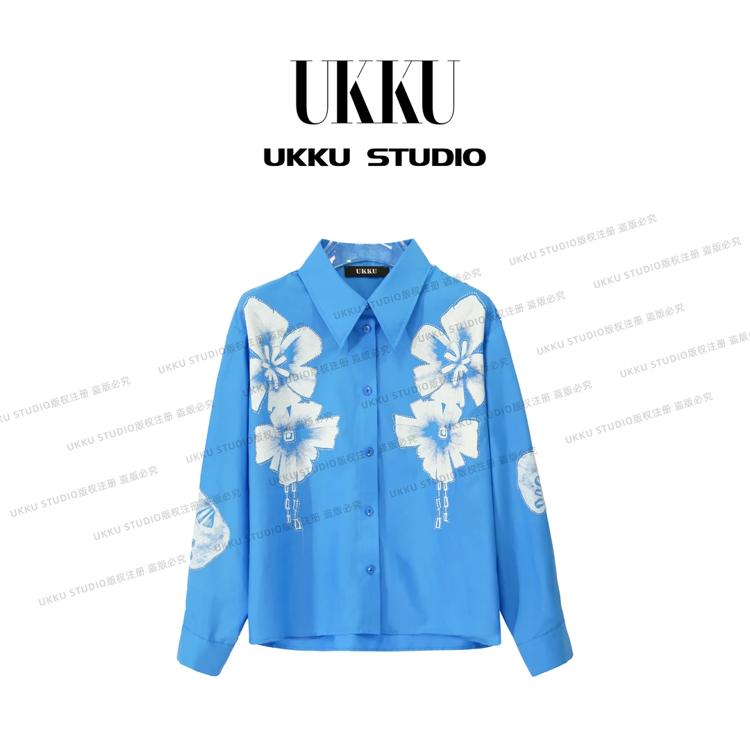 ZJ【UKKUSTUDIO】小众蓝色简约时尚衬衫弧形百搭衬衫314515