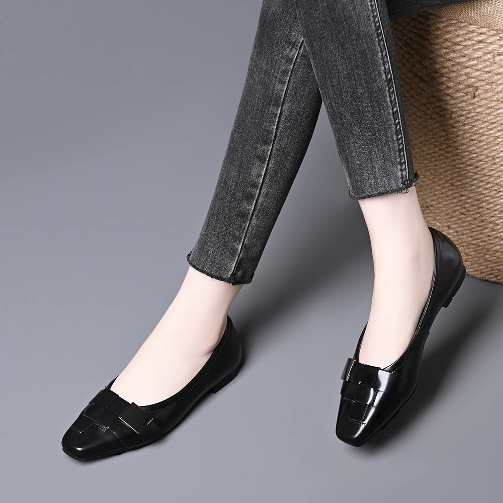 法式金属扣浅口单鞋女春秋新款方头一脚蹬粗跟百搭软底舒适平底鞋
