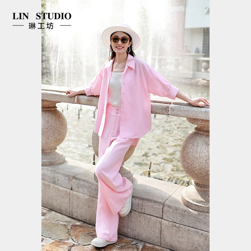 【裤子】琳工坊“薄萦”粉色阔腿裤气质优雅宽松通勤浪漫唐琳设计师