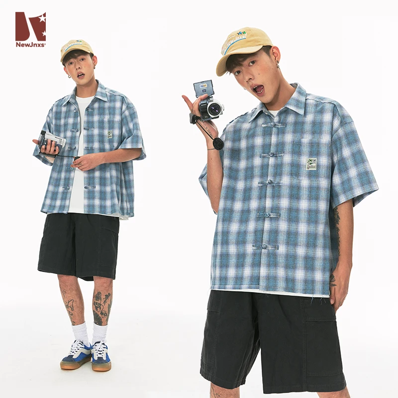 江南先生复古新中式国风格子短袖衬衫男女夏休闲宽松外套JN42H84