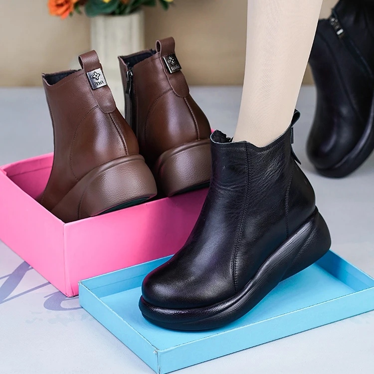 J258厚底松糕短靴女2025冬季新款真皮马丁靴加绒羊毛女靴妈妈鞋