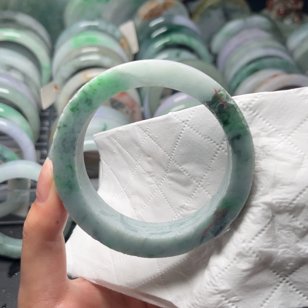 定制翡翠未镶嵌手镯阳绿花青59 60