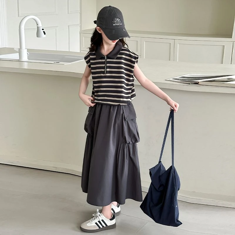 女童2025新款洋气休闲显瘦套装裙女夏新款条纹半身裙两件套