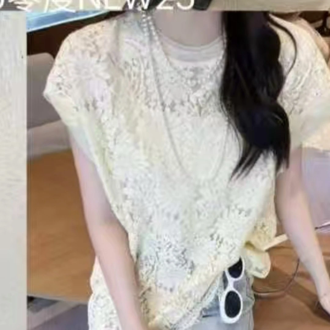 气质重工蕾丝打底街头风名媛风打底衫圆领小衫镂空勾花镂空
