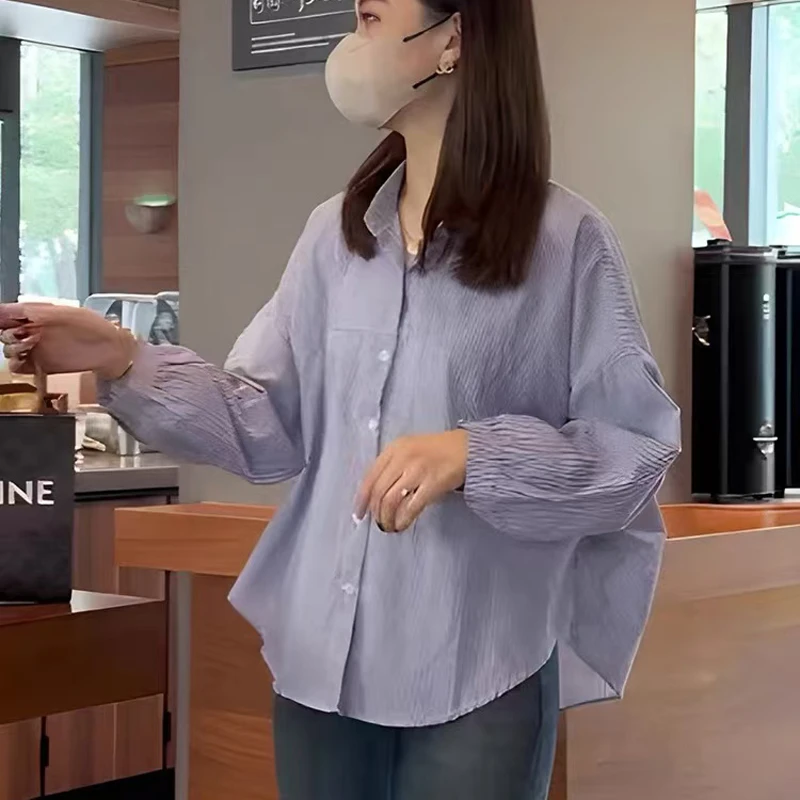 韩系条纹衬衫女设计感小众法式长袖衬衣时尚休闲百搭上衣 2032