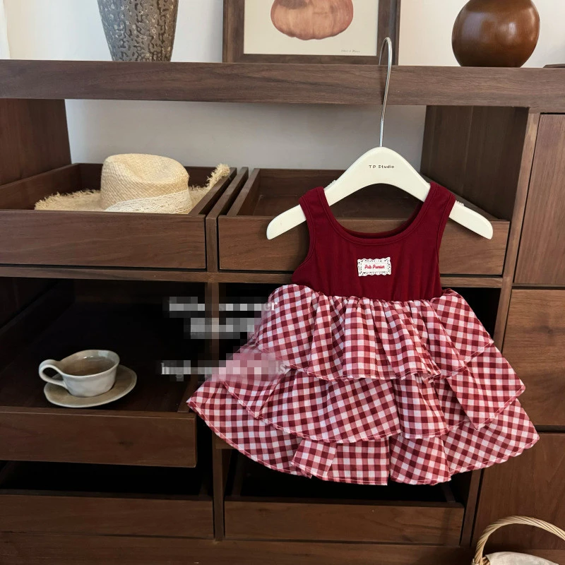 韩国童装连衣裙女宝宝洋气红格子蛋糕裙拼接公主夏季无袖背心裙