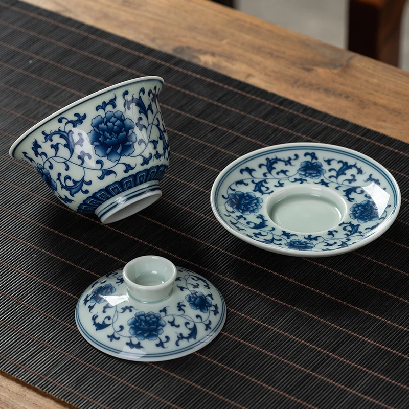 复古青花缠枝莲盖碗贴花款陶瓷釉中彩家用茶具中式带盖功夫三才