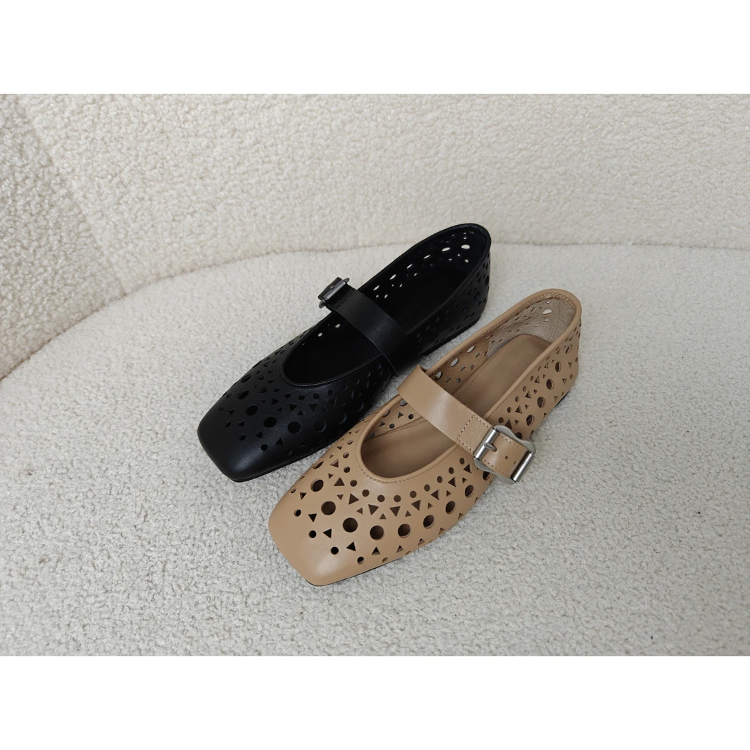 老王甄选 夏季新款 法式极简休闲镂空玛丽珍单鞋