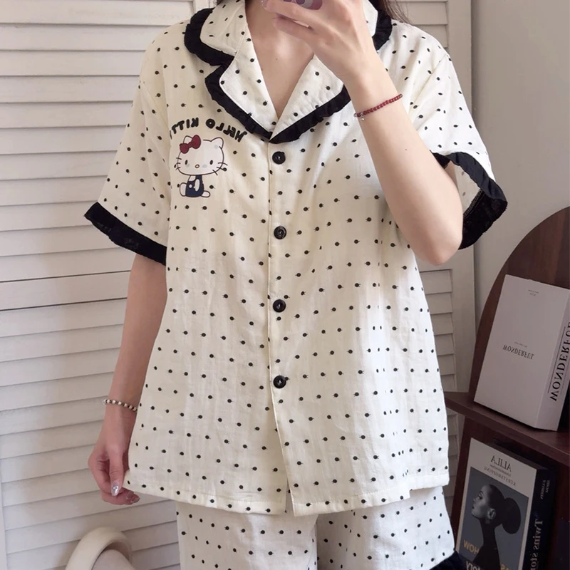 可爱卡通波点睡衣女夏季薄款撞色边可外穿学生家居服套装2025新款