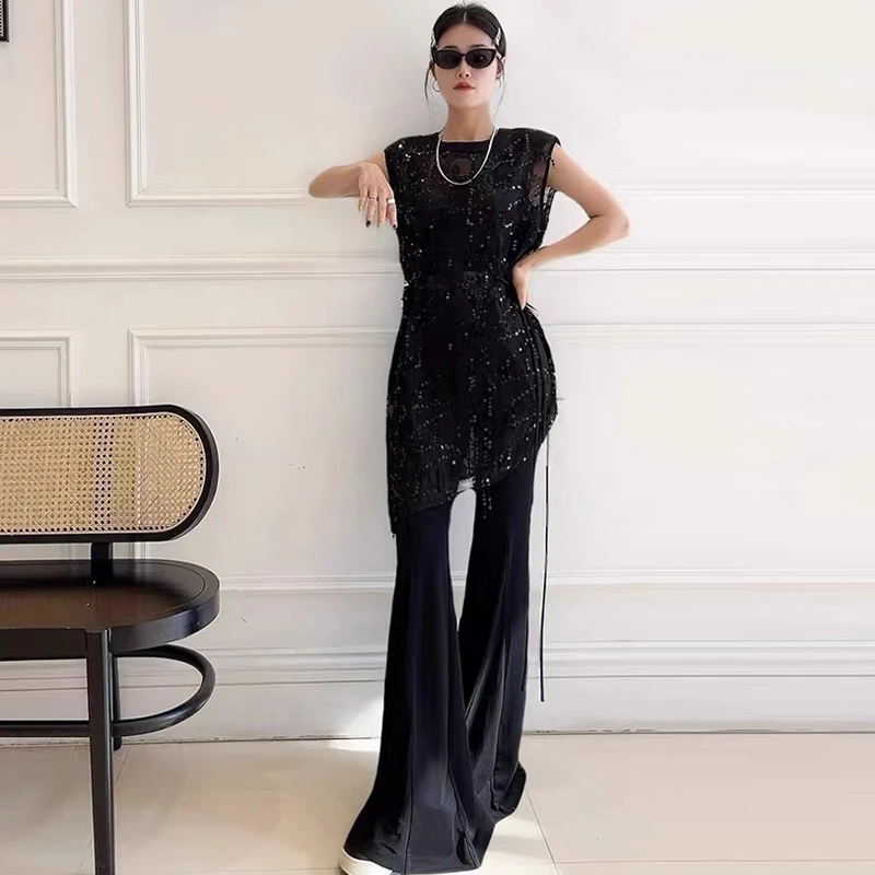 2025夏新款不规则无袖重工珠片背心喇叭裤两件套女套装855/856