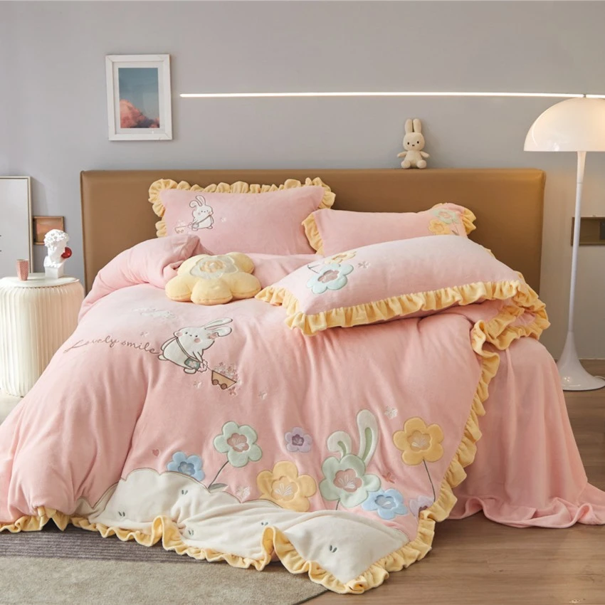 小兔子公主风可爱卡通款加绒贴布绣牛奶绒绣花四件套双面绒加厚