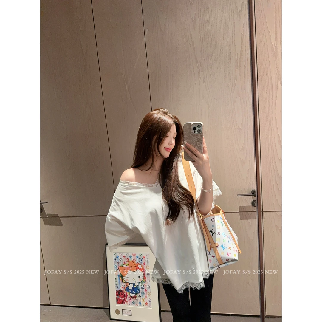 5号664号/“蕾丝T”纯棉蕾丝拼接打底T 短袖宽松百搭 T0896