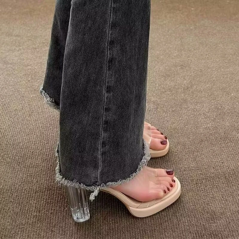 透明拖鞋女女款高跟鞋2025新款夏季小众小香风一字带水晶粗跟凉拖