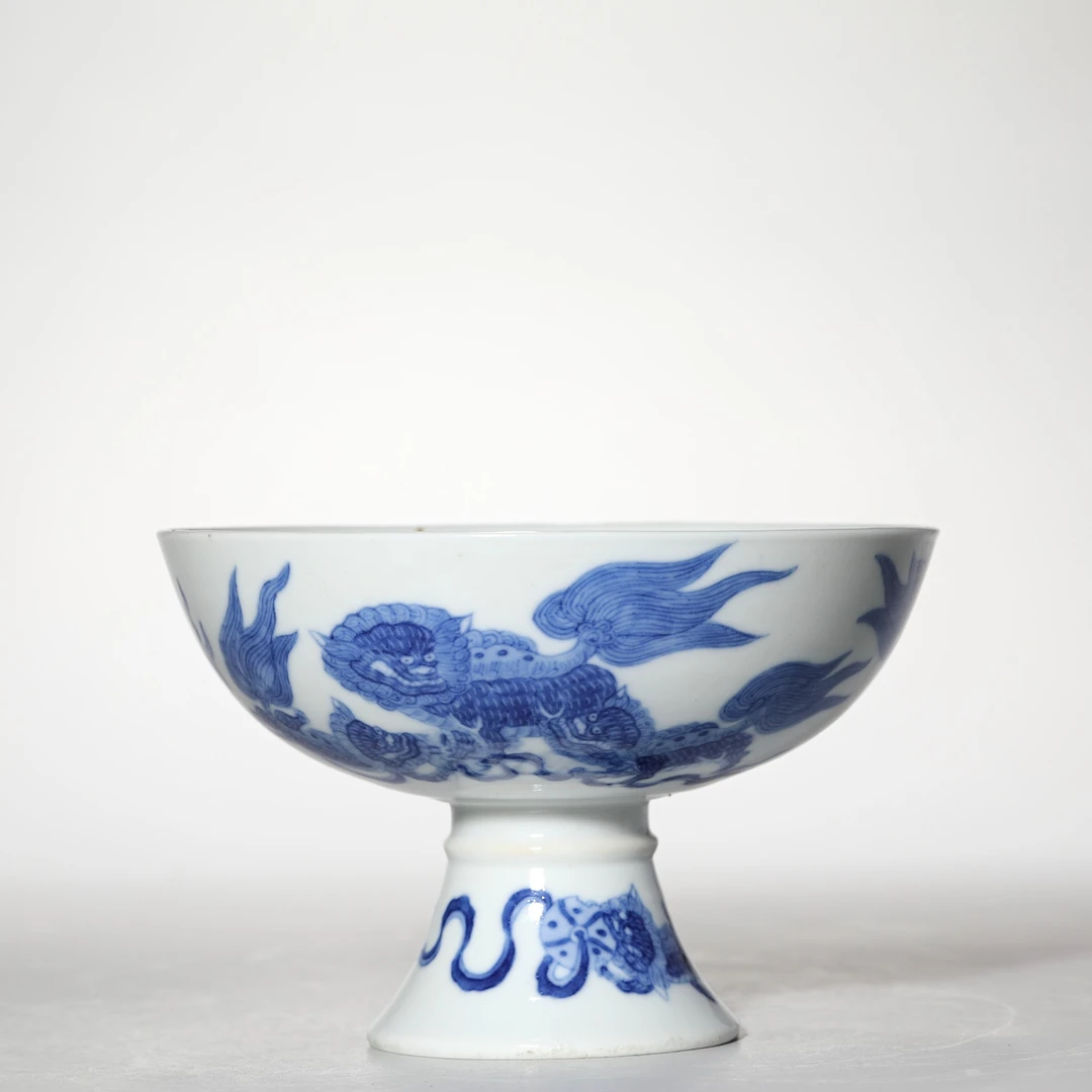 【预展专用】3433清晚期·青花九世同堂高足碗【古董拍卖】