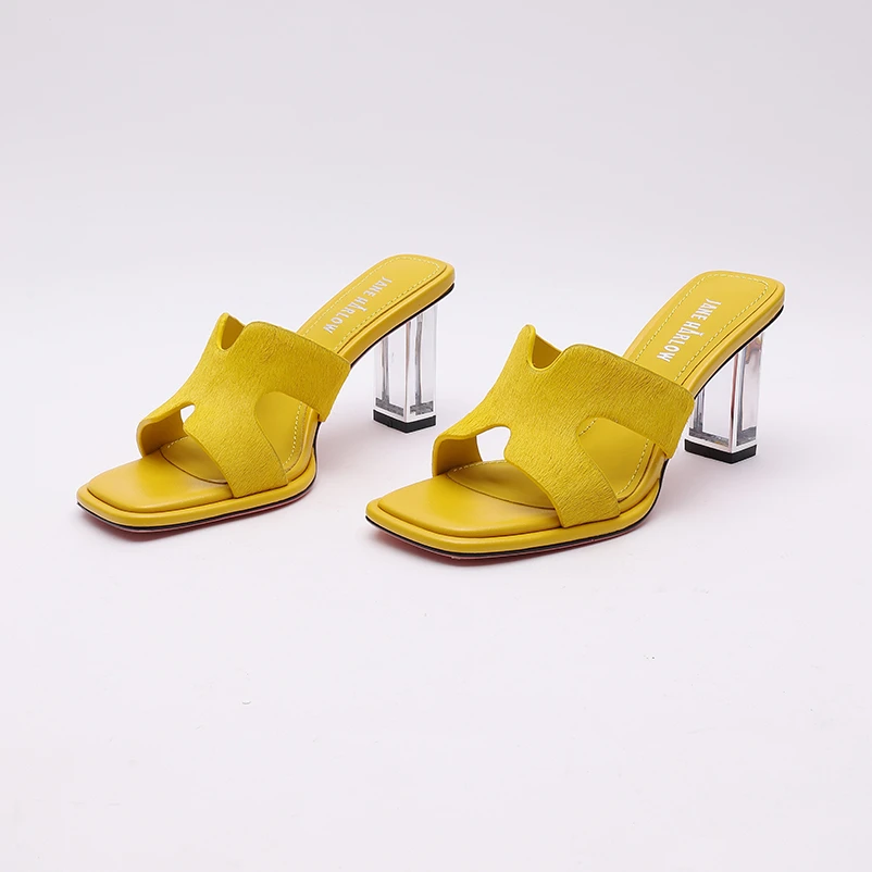 JANEHARLOW水晶跟马毛后空真皮轻奢夏季度假风方头半托J82BB81590