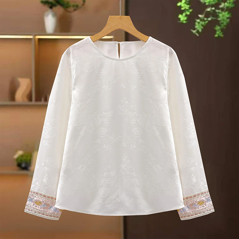 袖口珍珠刺绣国风提花醋酸缎面衬衫女圆领气质上衣春季新中式小衫