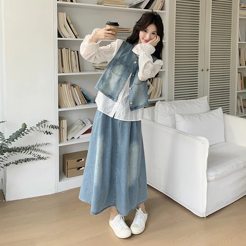 休闲复古牛仔马甲半身裙套装2025新款女开春秋气质衬衫裙子一整套