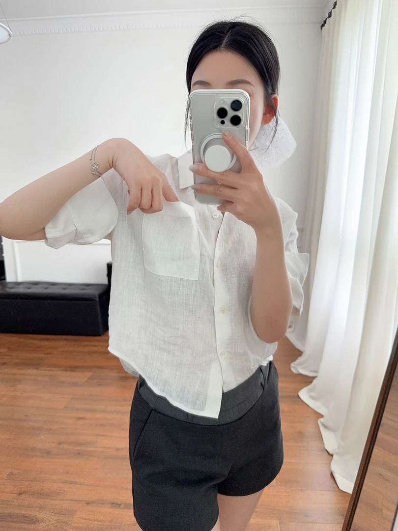 25夏季新款亚麻衬衫卷边袖口白衬衣女短款短袖防嗮轻薄休闲上衣