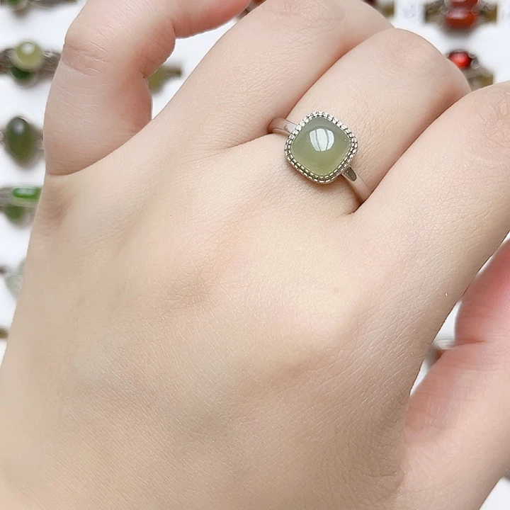 和田玉戒指银S925镶嵌天然