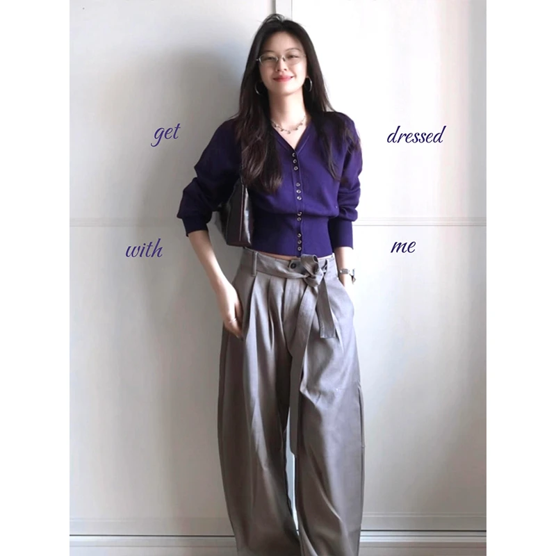 MARIE.COCO法式轻熟风紫色v领收腰短款针织衫女秋季阔腿裤两件套